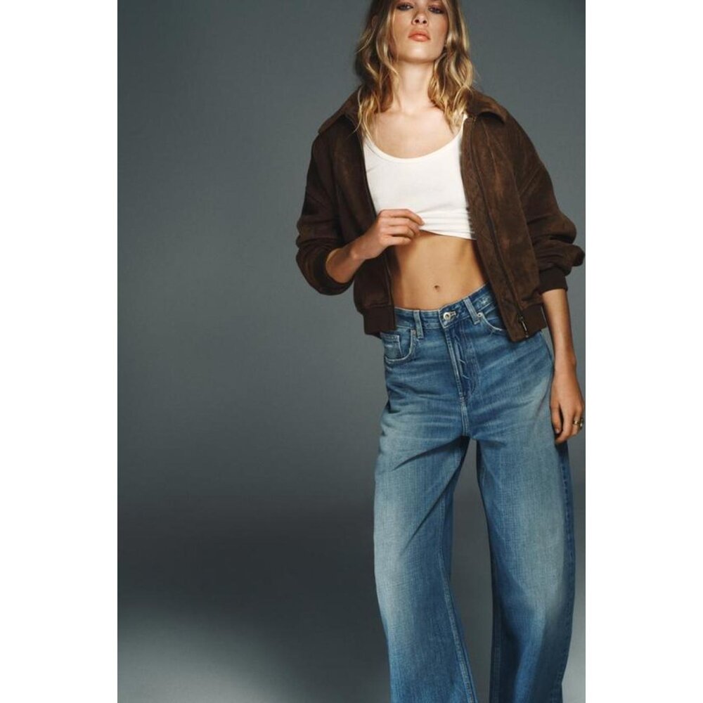 ZARA TRF HIGH-WAIST WIDE-LEG JEANS WITH LEATHER POCKETS